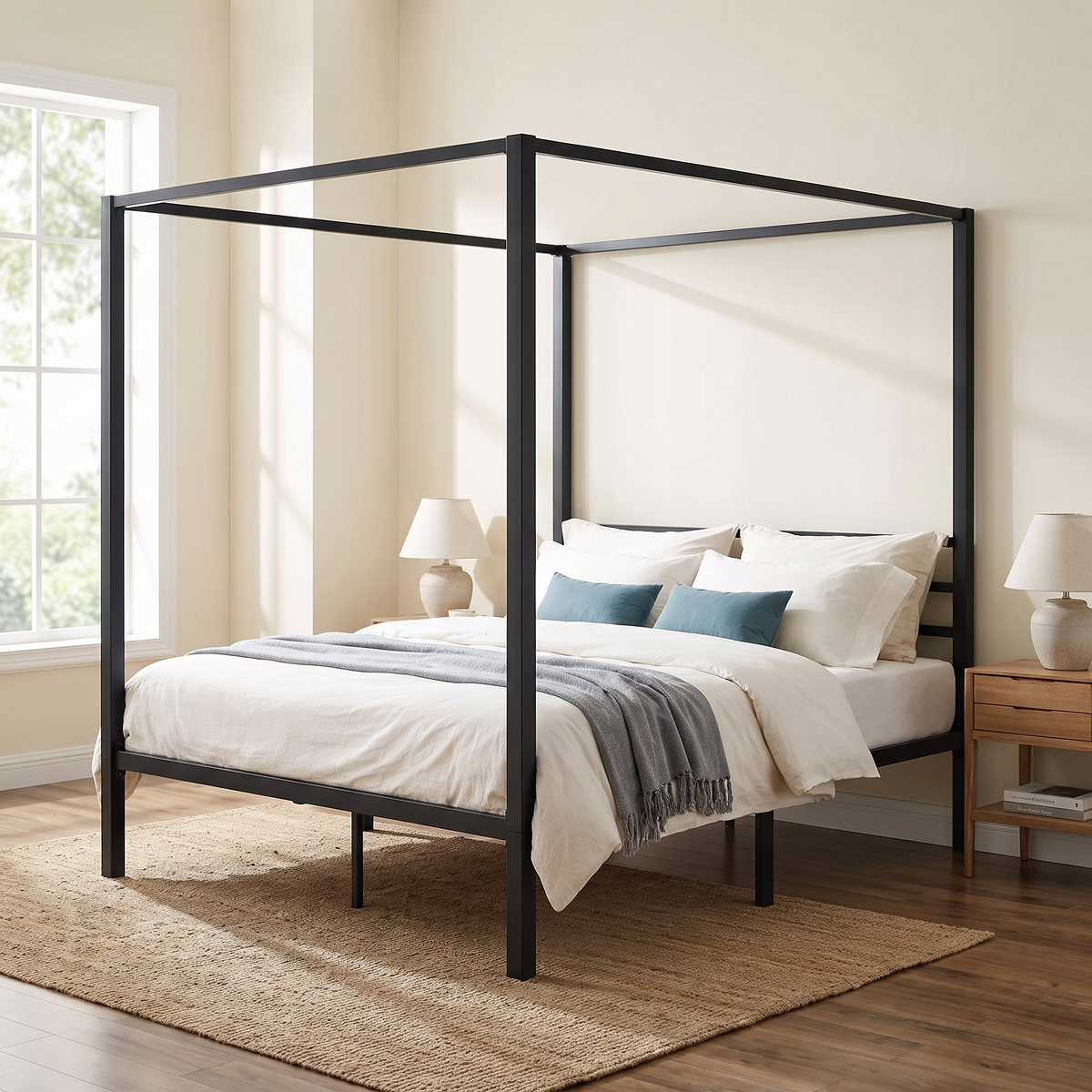 Baldacchino Four Poster Canopy Bed Frame — bedroom side angle