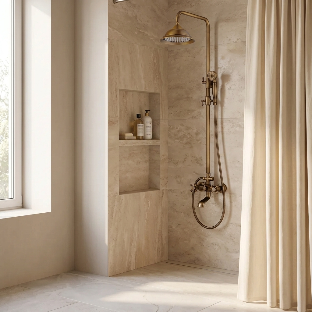 Villa | Antique Brass Shower Faucet Set with Handshower and Shelf Dual Handle Mixer