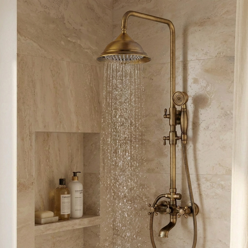 Villa | Antique Brass Shower Faucet Set with Handshower and Shelf Dual Handle Mixer