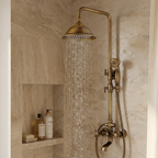 Villa | Antique Brass Shower Faucet Set with Handshower and Shelf Dual Handle Mixer
