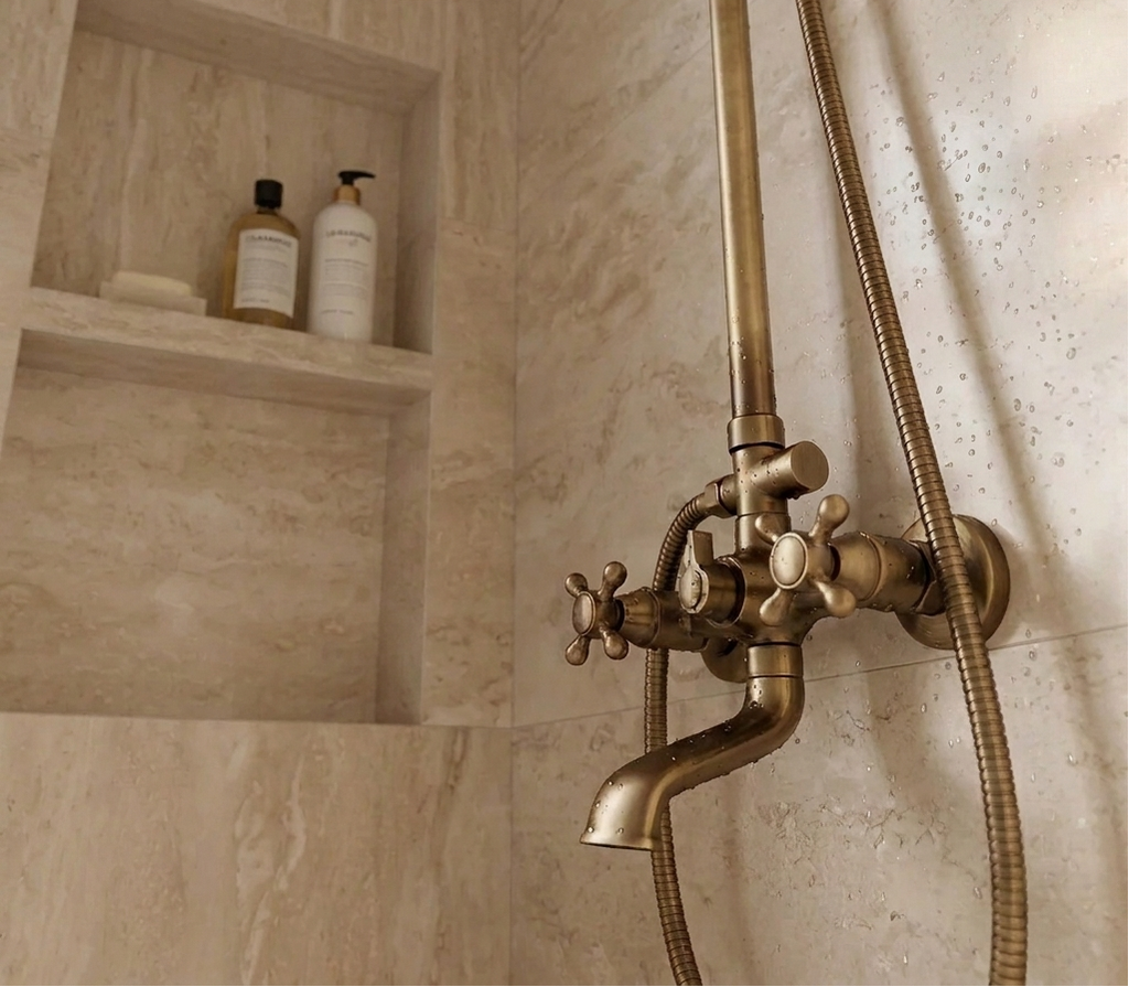 Villa | Antique Brass Shower Faucet Set with Handshower and Shelf Dual Handle Mixer