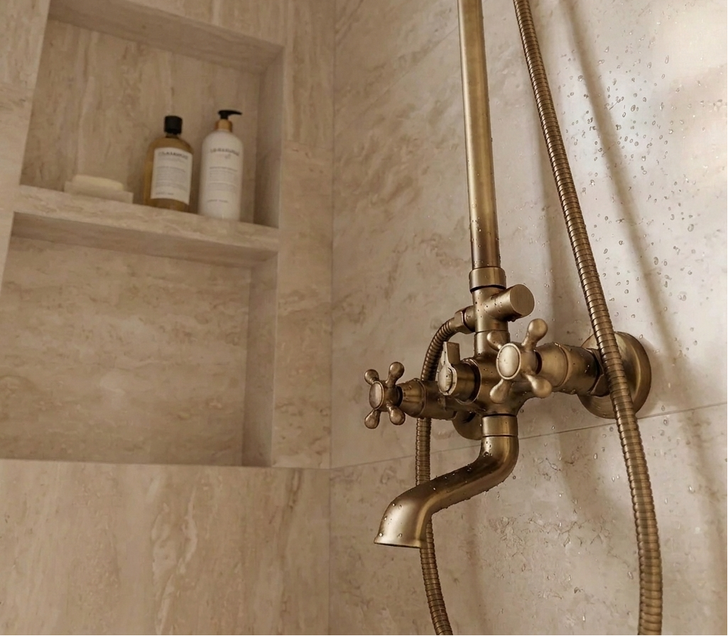 Villa | Antique Brass Shower Faucet Set with Handshower and Shelf Dual Handle Mixer