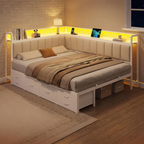 Angolo | Corner Queen Bed Frame with Six Storage Drawers and Upholstered Guardrail