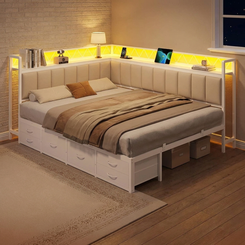 Angolo | Corner Queen Bed Frame with Six Storage Drawers and Upholstered Guardrail