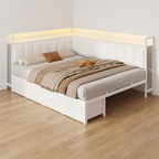 Angolo | Corner Queen Bed Frame with Six Storage Drawers and Upholstered Guardrail