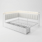Angolo | Corner Queen Bed Frame with Six Storage Drawers and Upholstered Guardrail