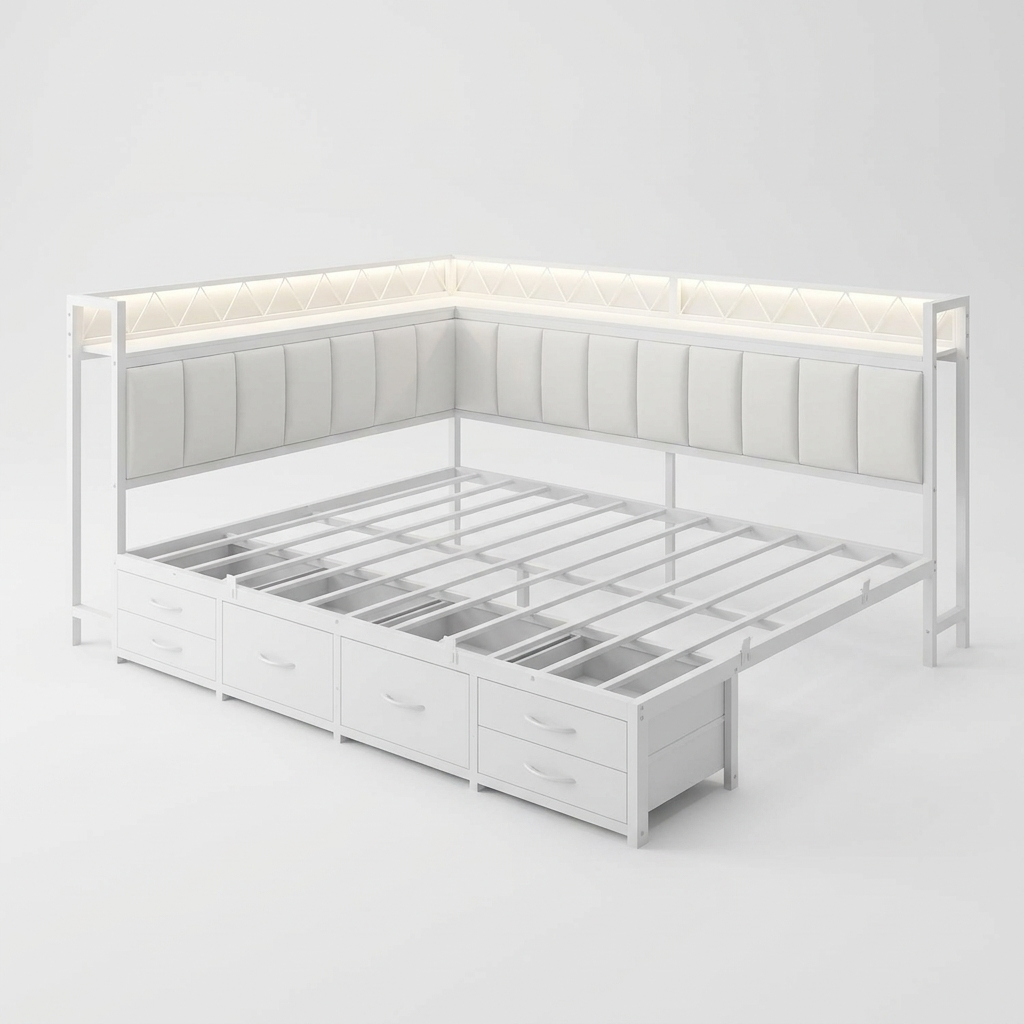 Angolo | Corner Queen Bed Frame with Six Storage Drawers and Upholstered Guardrail