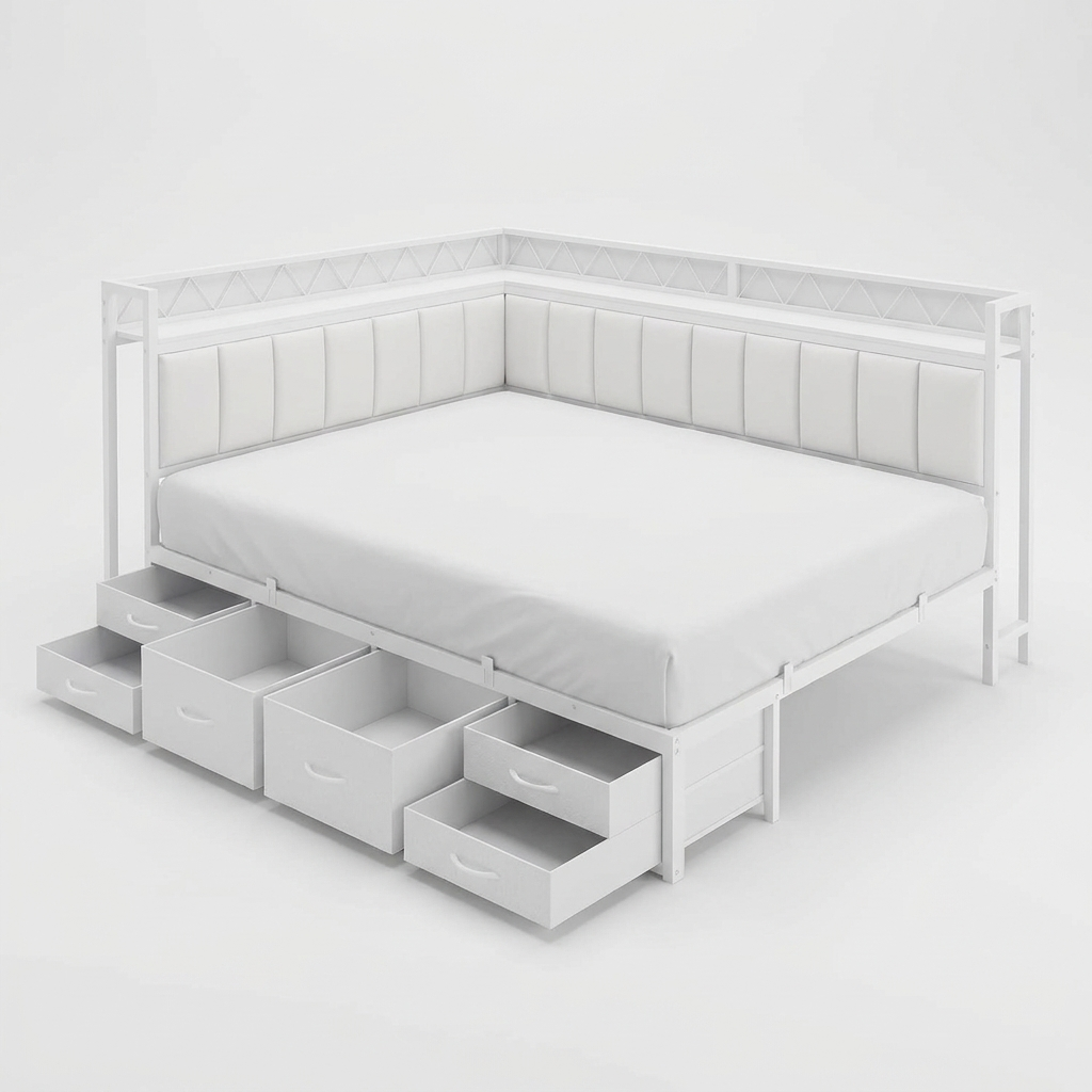 Angolo | Corner Queen Bed Frame with Six Storage Drawers and Upholstered Guardrail