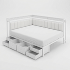 Angolo | Corner Queen Bed Frame with Six Storage Drawers and Upholstered Guardrail