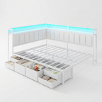 Angolo | Corner Queen Bed Frame with Six Storage Drawers and Upholstered Guardrail