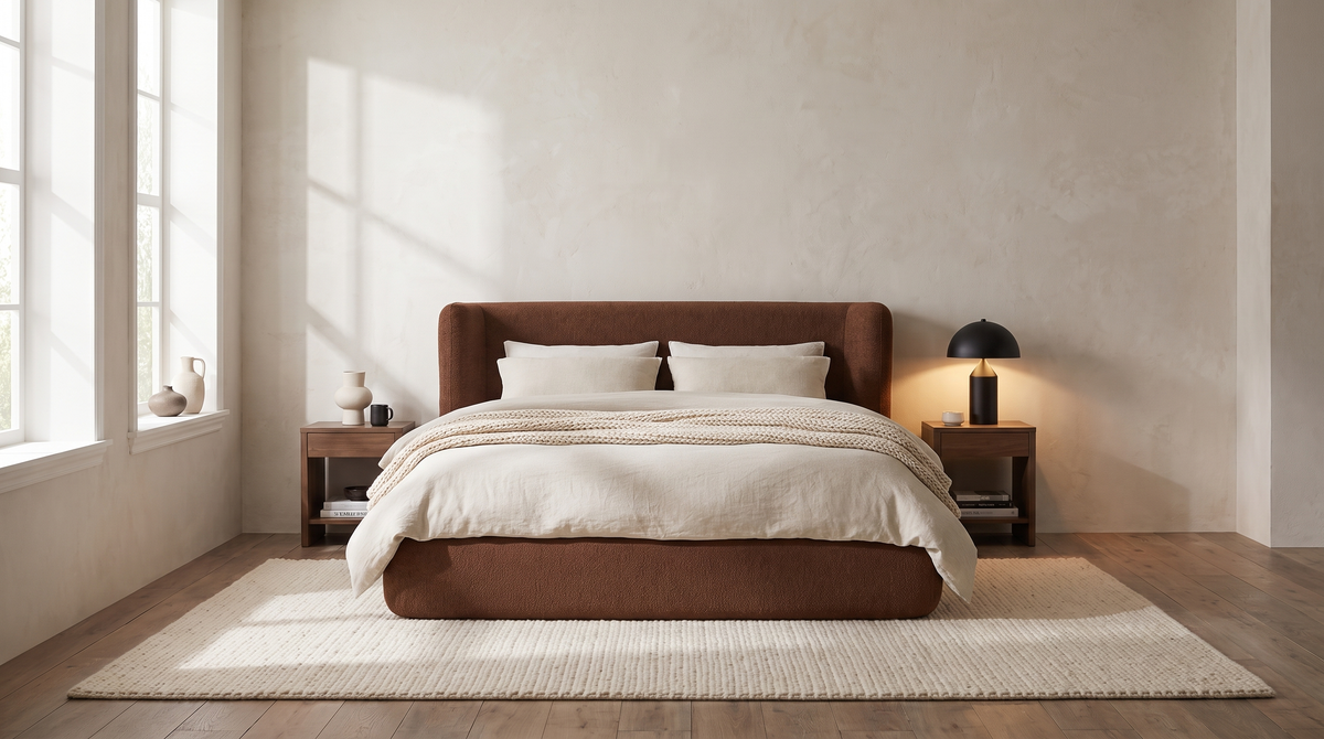 Serene bedroom in warm neutrals with linen bedding on a boucle upholstered bed