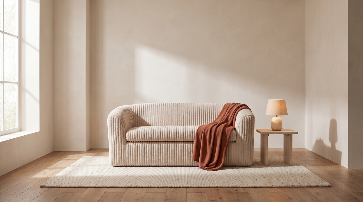 Beige boucle cloud couch in a calm warm neutral living room with a small alabaster lamp